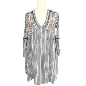 Kyla Seo Dress Tunic Top Small Striped Floral Embroidered Lined Bell Sleeve Boho